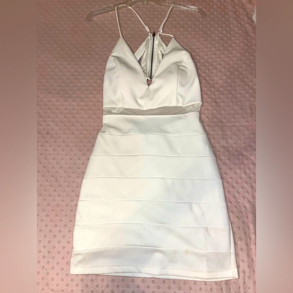 CUTE WHITE SEMI FORMAL DRESS, BEADED DESIGN ON BACK